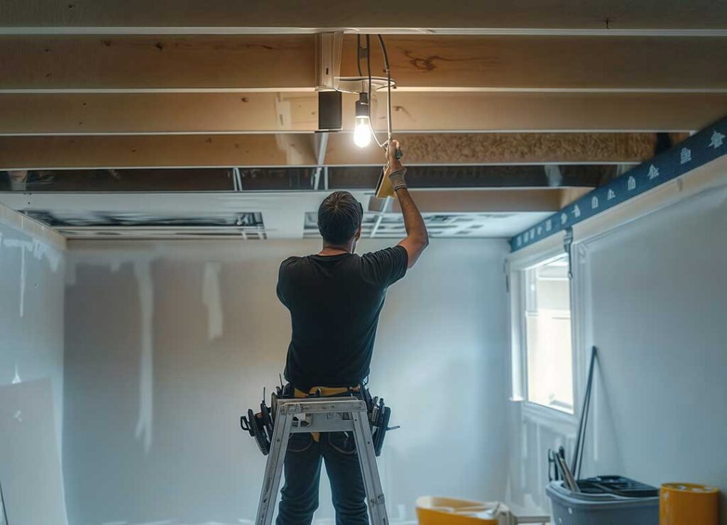 A person examining an old electrical outlet with visible wear on the wall in a residential home.