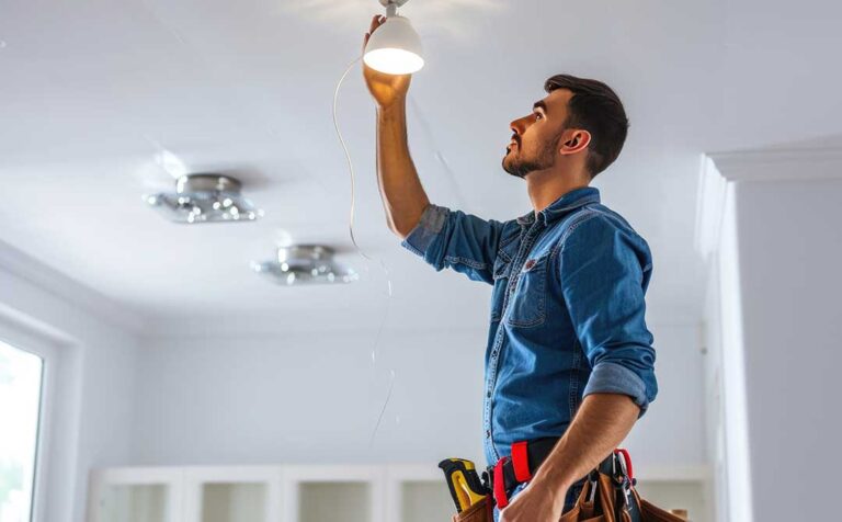 A person in casual clothes safely resetting a household electrical breaker inside an open panel.